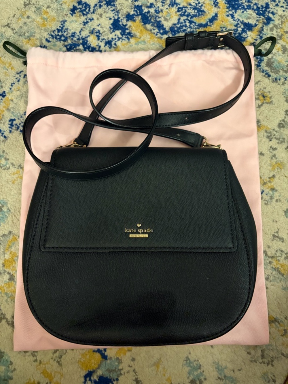 kate spade Black Saffiano Crossbody Saddle Bag with Gold Hardware